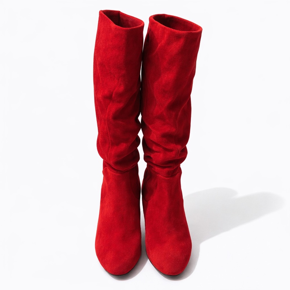 Women's Red Suede Slouch Knee-High Heeled Boots